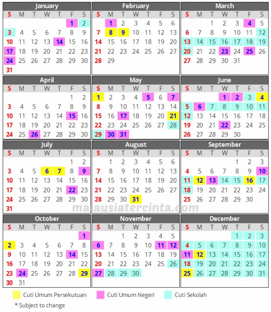 s_kalendar jadual cuti umum dan cuti sekolah 2016 | オクユイカ。